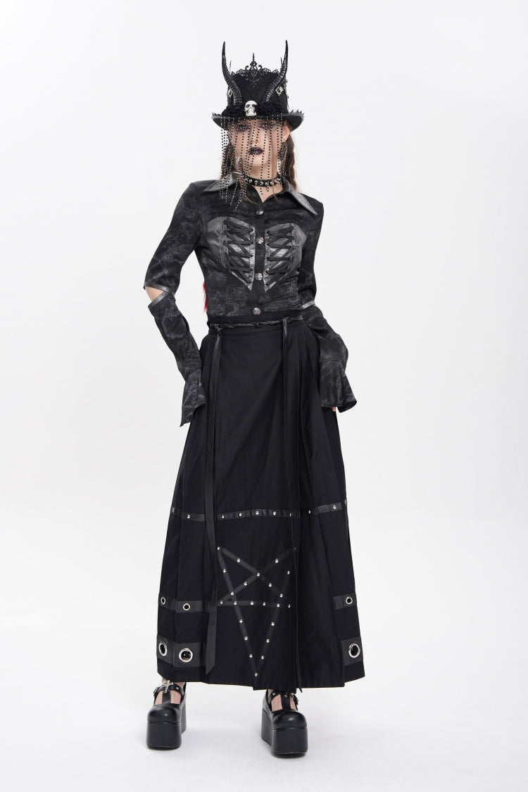 Black Eyelets Rivets Pentacle Horse-face Women's Punk Skirt - Product - 12