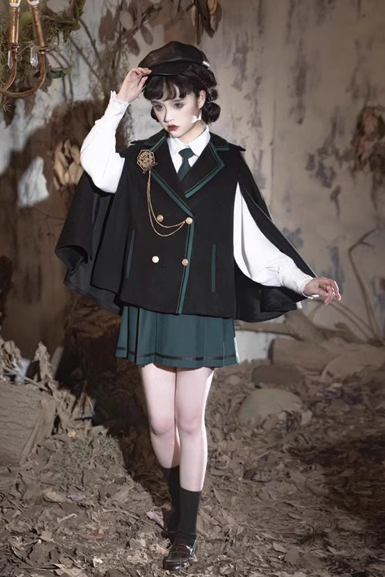 Black/Green Magic Academy Lapel Collar Gothic Vintage College Style Lolita Skirt Full Set - Product - 9