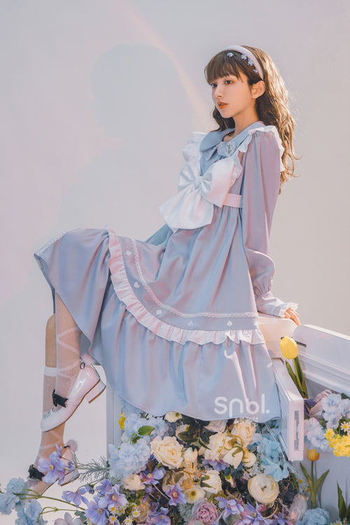 Blue Doll Collar Single Breasted Princess Sleeves High Waist Magic Playing Cards Sweet Lolita OP Dress - Product - 2