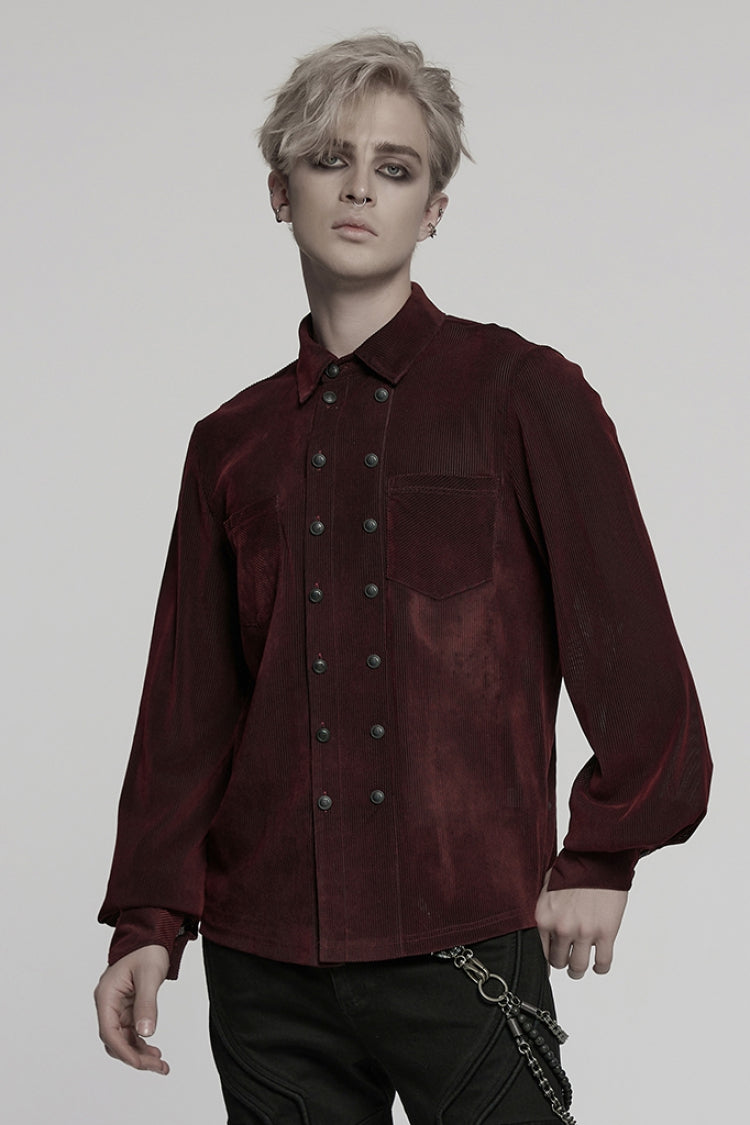 Black/Red Double-breasted Long Puff Sleeves Men's Gothic Blouse - Product - 2