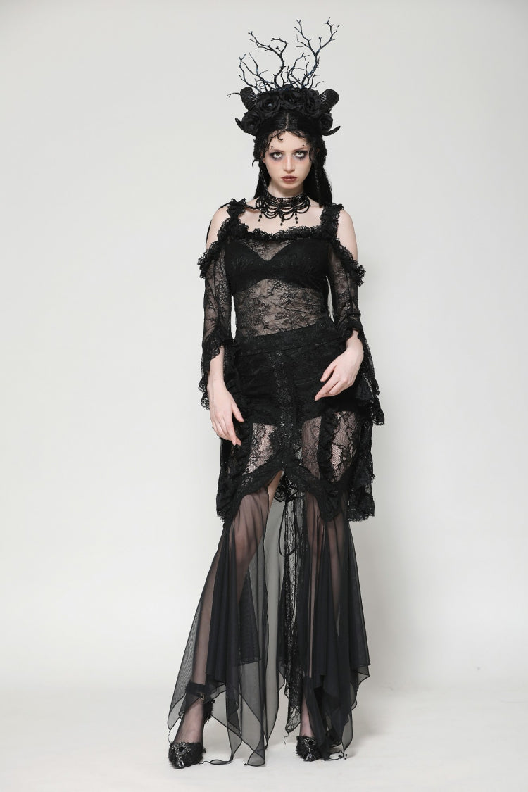 Black Off Shoulder Long Flare Sleeves Lace Women's Gothic Romantic Top - Product - 11