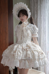 Ivory [Small Cakes] Sleeveless Multi-Layered Ruffle Bowknot Lace Sweet Lolita Jsk Dress - Product - 2
