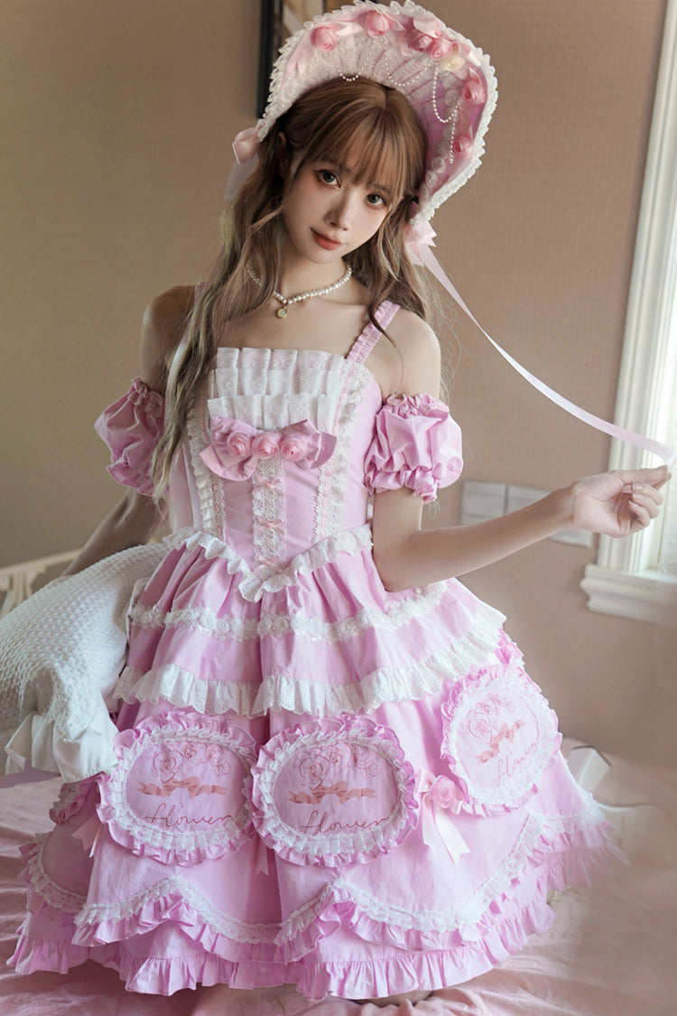 Pink [Butterfly Dream] Multi-Layered Print Ruffle Bowknot Sweet Princess Lolita Jsk Dress - Product - 5