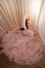 Pink [The Runaway Princess] Sleeveless Multi-Layered Printed Hanayome Bow Lace Pearl-Decorated Sweet Plus Size Gorgeous Lolita Jsk Dress - Product - 11