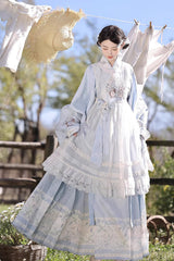 Light Blue [Alice in the Illusion] Stand Collar Pastoral-StylePrinted Bow Lace Chinese Style Vintage Lolita Ma Mian Skirt Set - Product - 3