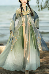 Multi-Color Chinese Style Embroidery High Waisted Hanfu Dress Full Set - Multi-Color - 1