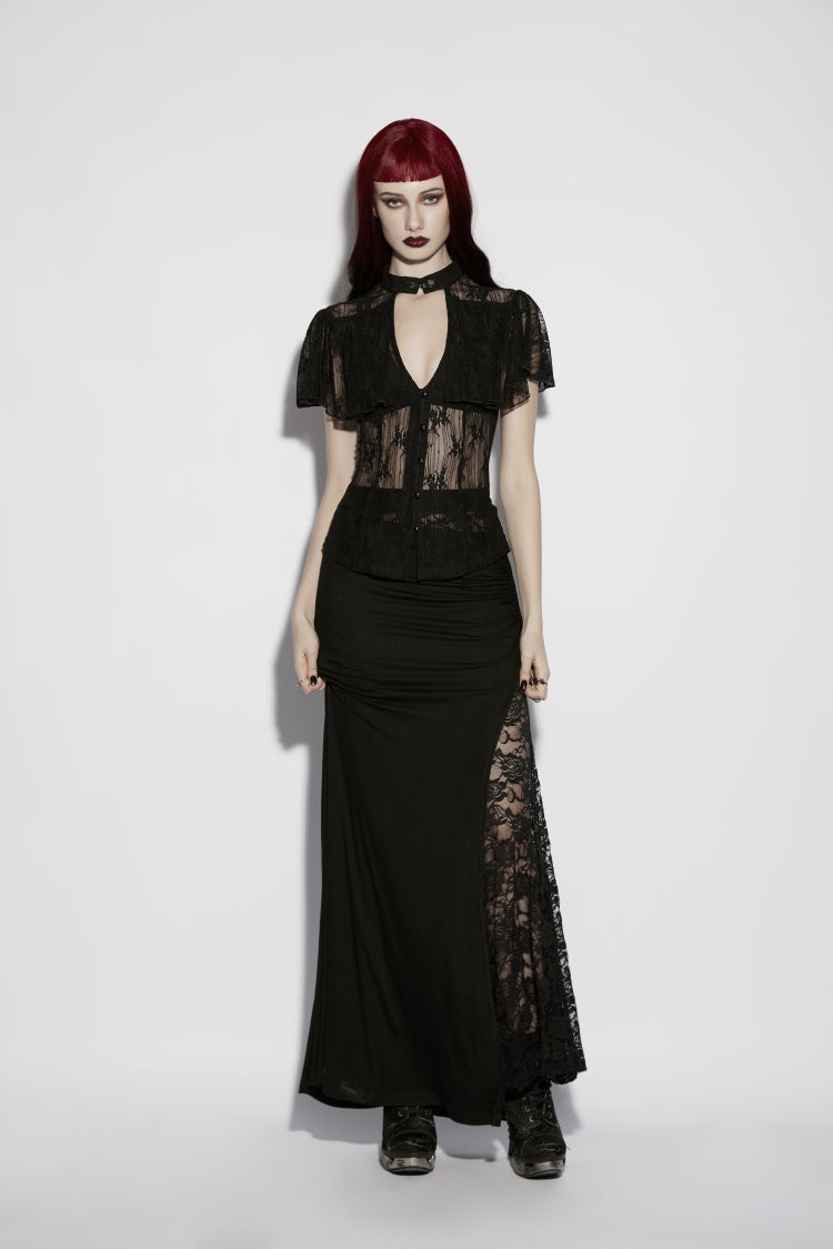 Black Short Sleeves Cut-Out Lace Lace-Up Slim Fit Women's Gothic Cool Cosplay Blouse - Product - 2