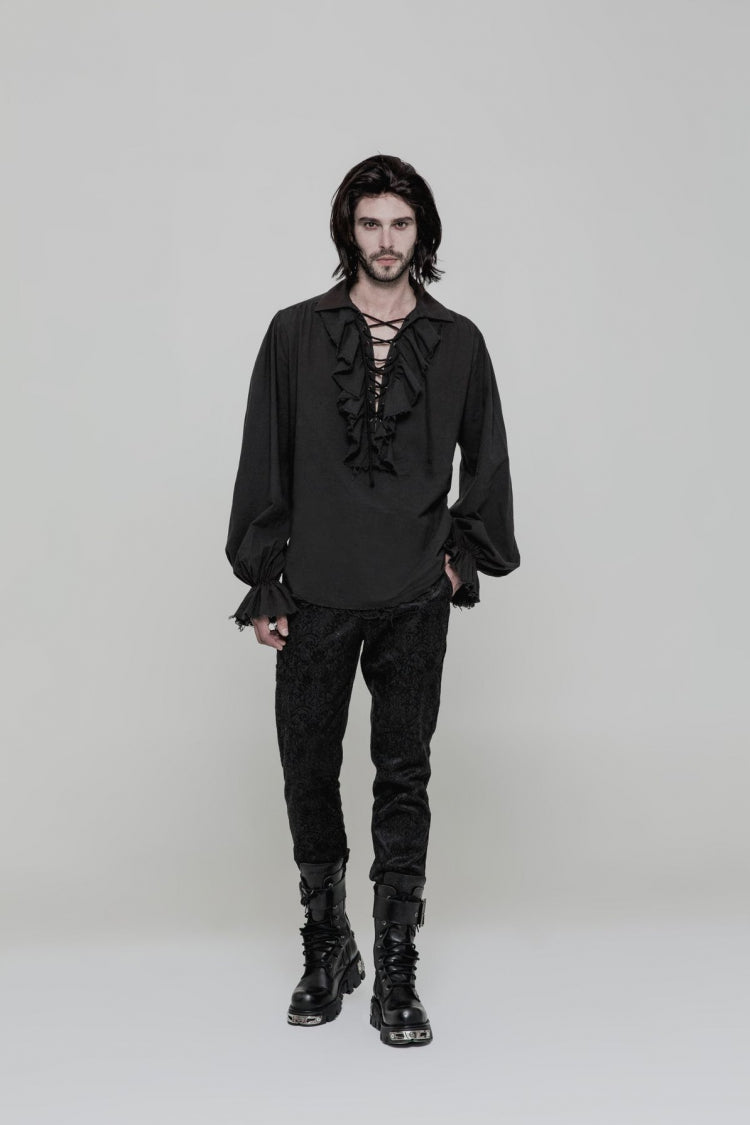 Men's Long Sleeves Ruched Lace-Up Steampunk Blouse 2 Colors - Product - 4