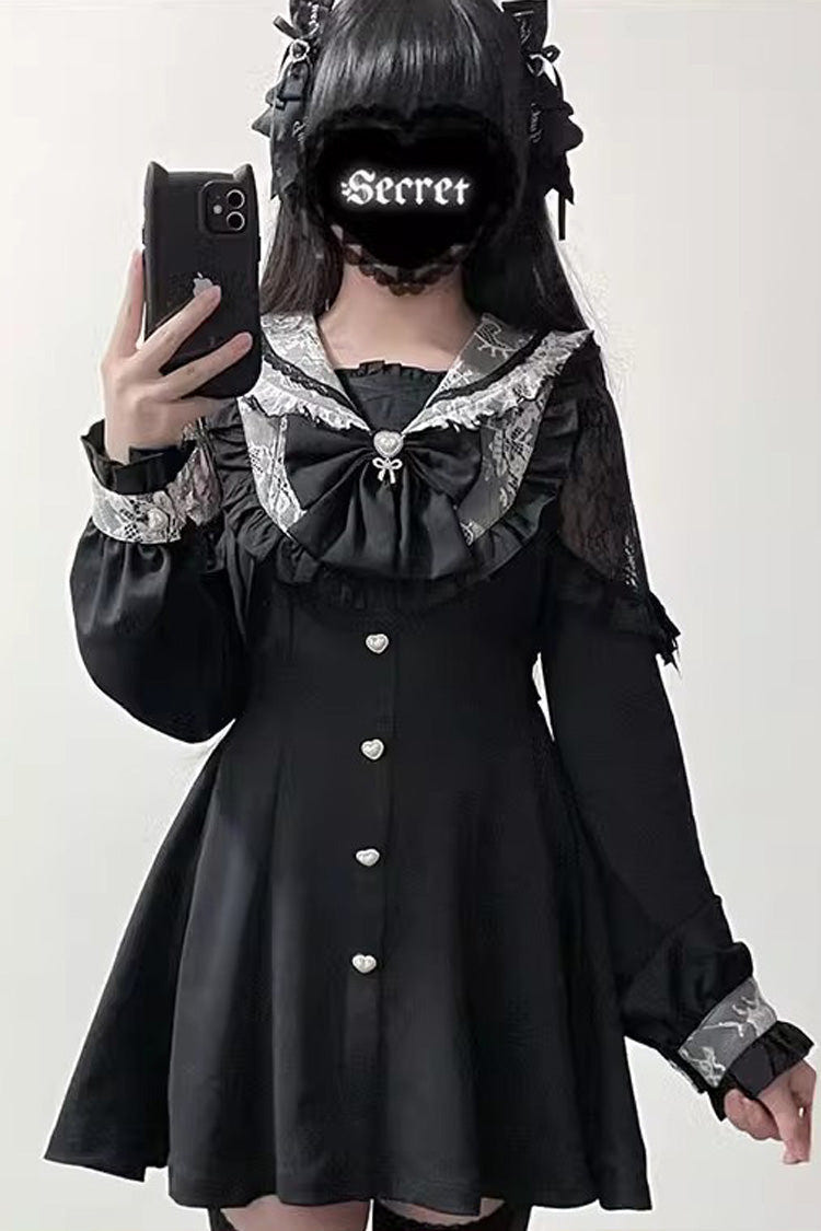 Black Long Sleeves Bowknot Stitching Lace Jirai Kei Japanese Dress Shorts Set - Black - 1