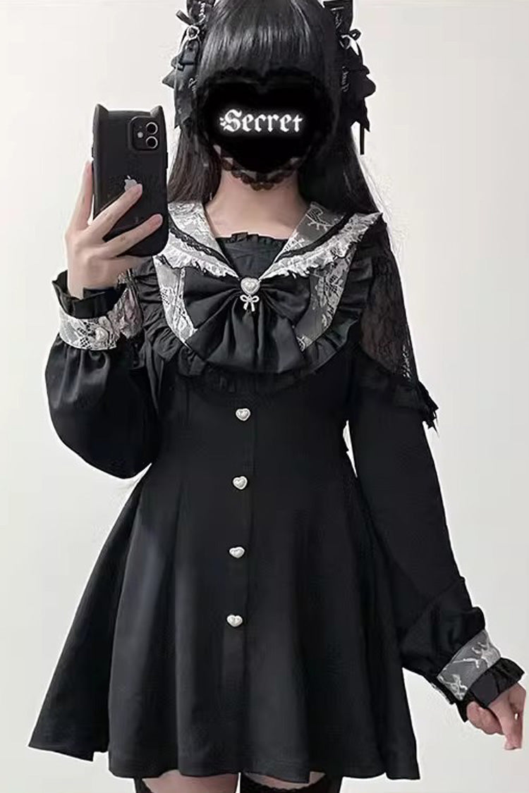 Black Long Sleeves Bowknot Stitching Lace Jirai Kei Japanese Dress Shorts Set - Black - 1