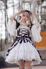 White/Black Short Sleeves Cardigan Bowknot Doll Sweet Lolita Dress - Product - 2
