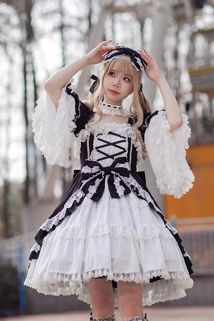 White/Black Short Sleeves Cardigan Bowknot Doll Sweet Lolita Dress - Product - 2