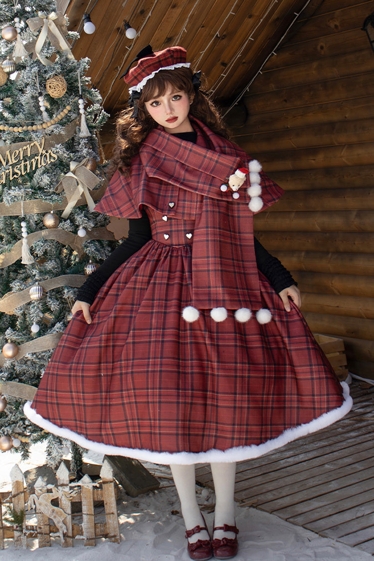Red Striped Plaid Print Fall Winter Fishbone Sweet Corset Lolita Dress 2 Versions - Red - 3