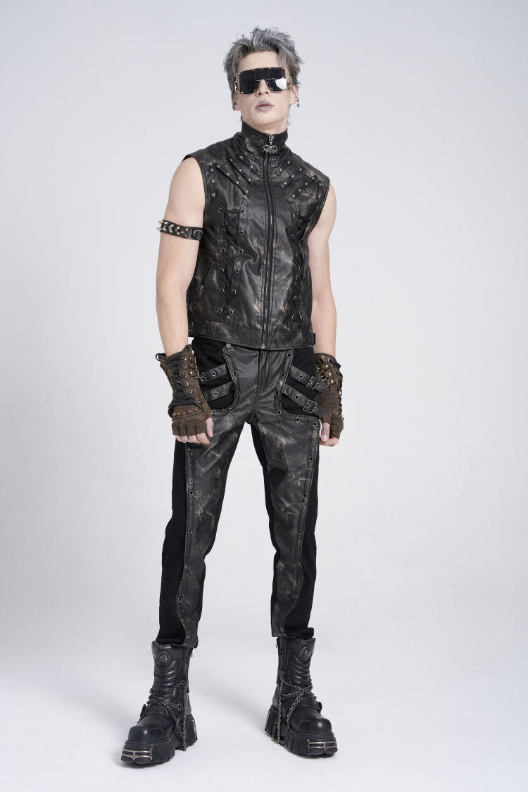 Black/Grey Faux Leather Stitching Buckle Men's Punk Pants - Product - 5