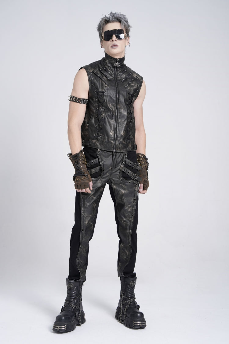Black/Grey Faux Leather Stitching Buckle Men's Punk Pants - Product - 5