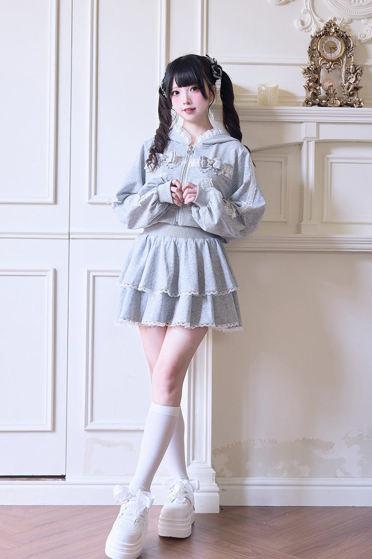 Sweet Long Sleeves Bowknot Lace Hooded Jirai Kei Hoodie Skirt Set 3 Colors - Product - 11