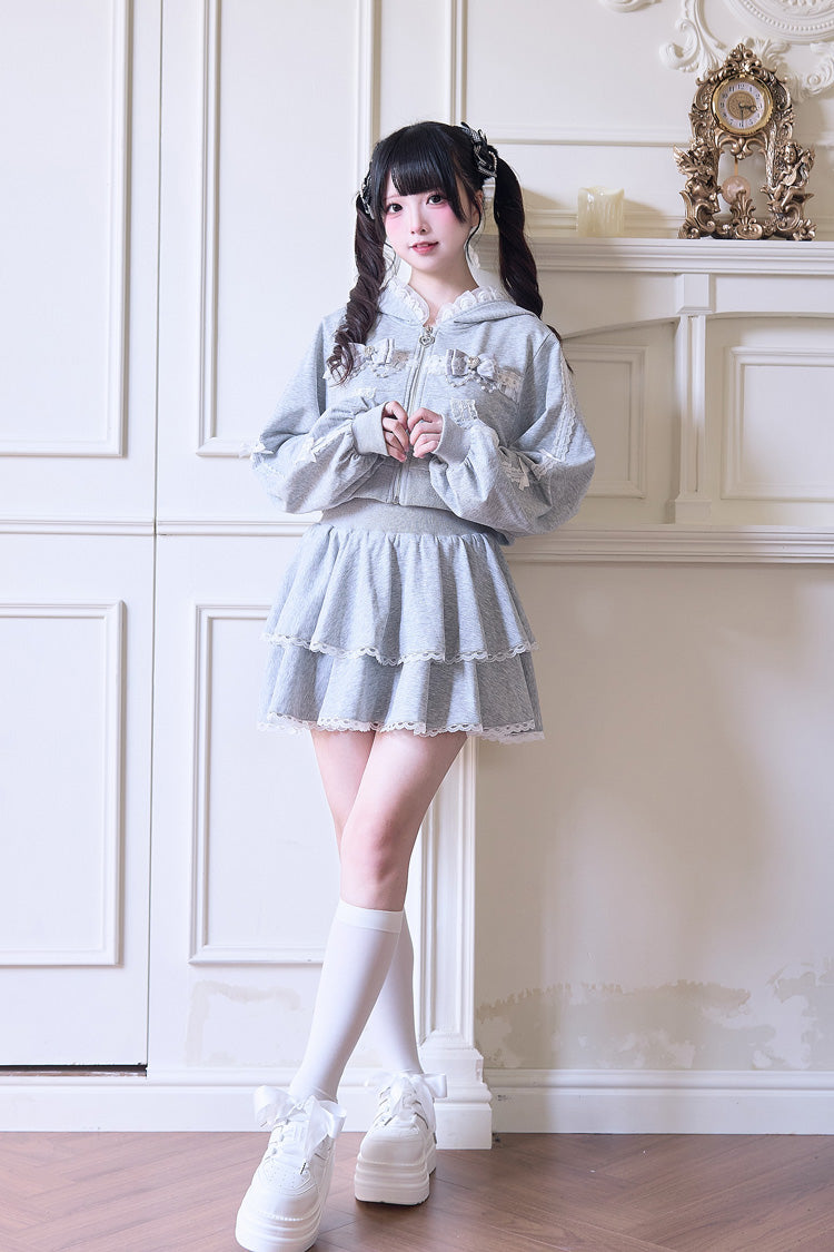 Sweet Long Sleeves Bowknot Lace Hooded Jirai Kei Hoodie Skirt Set 3 Colors - image 11