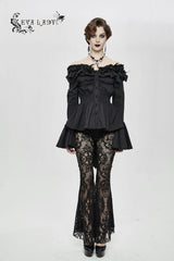 Black Rose Flowers Decoration One-Word Collar Long Sleeve Flare Cuff Women's Gothic Blouse - Product - 4