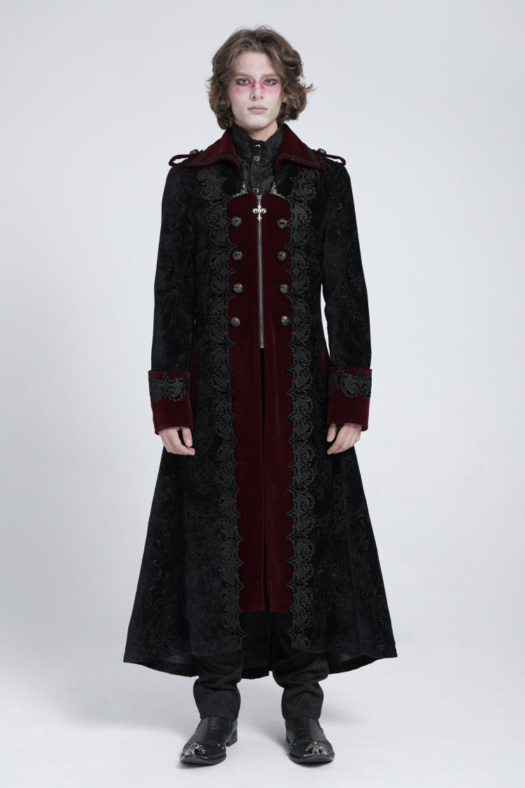 Black/Red Lapel Collar Embroidery Zipper Men's Gothic Handsome Coat - Black/Red - 1