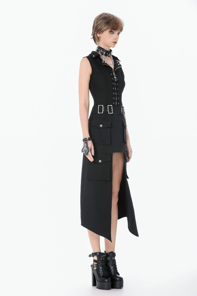 Black Lapel Collar Sleeveless Lace-Up Studded Zippered Eyelet Women's Punk Vest - Product - 2