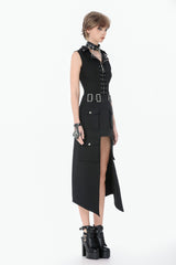 Black Lapel Collar Sleeveless Lace-Up Studded Zippered Eyelet Women's Punk Vest - Product - 2