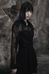 Black Long Sleeves Print Embroidery Lace Women's Gothic Shirt - Black - 1