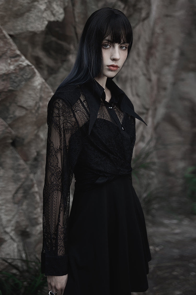 Black Long Sleeves Print Embroidery Lace Women's Gothic Shirt - Black - 1