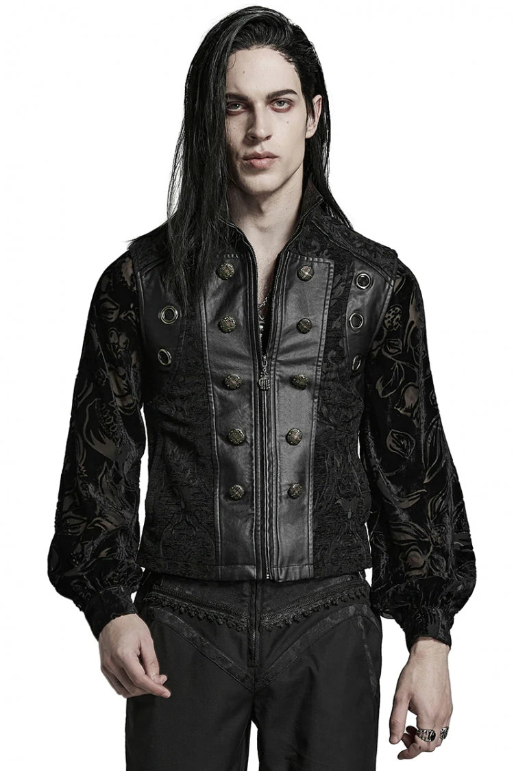 Men's Stand Collar Jacquard Print Stitching Metal Ring Decoration Gothic Vest 2 Colors - Product - 12