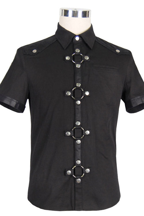 Black Locomotive Lapel Collar Short Sleeves Cotton Mens Punk Blouse - Product - 5