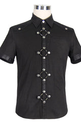 Black Locomotive Lapel Collar Short Sleeves Cotton Mens Punk Blouse - Product - 5