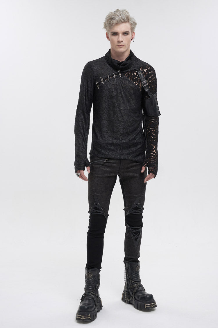 Black Fashion Printed Fabric Stitching Ripped Mesh Detachable Long Sleeve Men's Punk T-Shirt - Product - 3