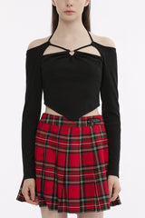 Black Long Sleeves Heart-Shaped Hollow Halter Neck Women's Gothic T-Shirt - Black - 1