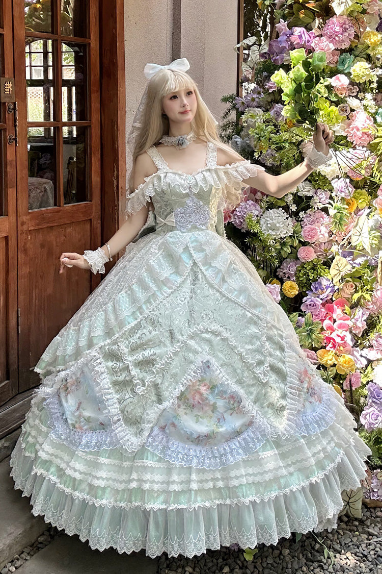 [The Glass Ball of Misty Isle] Multi-Layered Ruffled Hanayome Embroidered Sweet Plus Size Lolita Dress Set 5 Colors (White, Yellow, Purple, Green, Pink) - Green(Set) - 1