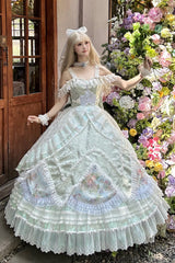 [The Glass Ball of Misty Isle] Multi-Layered Ruffled Hanayome Embroidered Sweet Plus Size Lolita Dress Set 5 Colors (White, Yellow, Purple, Green, Pink) - Green(Set) - 1