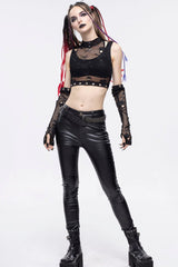 Black Gothic Cotton Knitted Fabric Fake Two-Piece Small Stand Up Collar Patchwork Skull Mesh Super Short Women's Vest - Product - 7