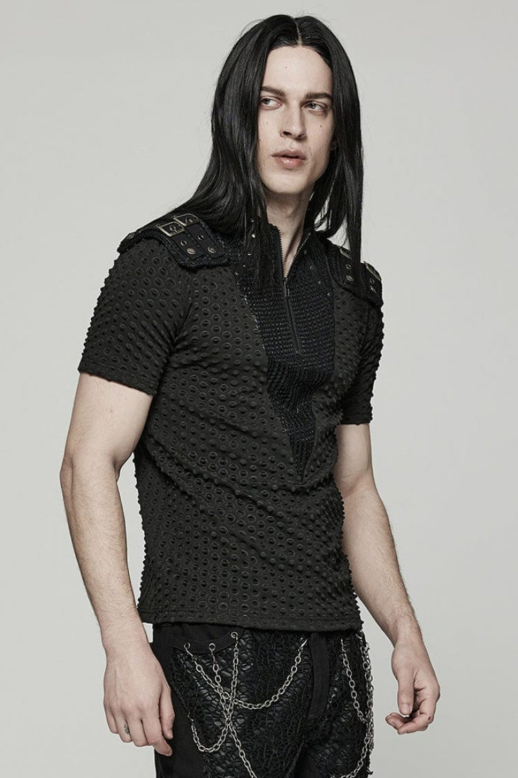 Black Short Sleeves Mesh Bubble Buckle Zipper Mens Steampunk T-Shirt - Product - 2