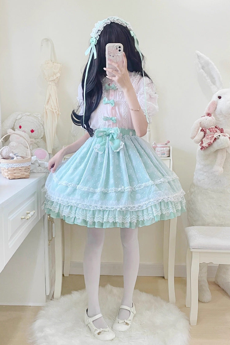 [Wave Candy] Triple-Layered Print Ruffle Bowknot Sweet Lolita Skirt 3 Colors - Product - 14