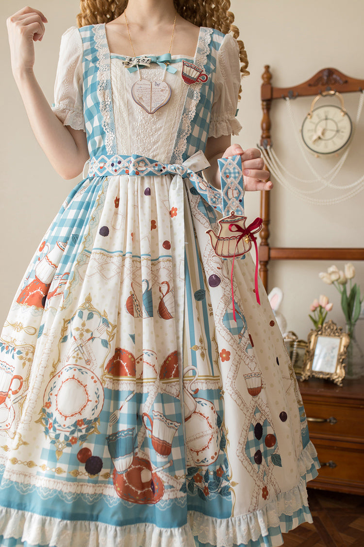 Blue/Green [Tea Party] Short Sleeves Print Ruffle Bowknot Lace Sweet Elegant Lolita Dress - Product - 15