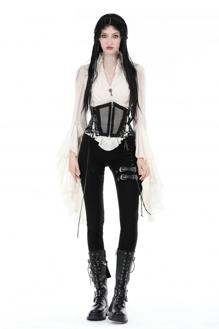 White V Collar Ruffled Long Trumpet Sleeves Women's Steampunk Blouse - Product - 5