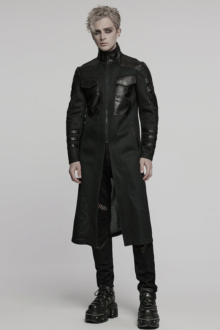 Black Stand Collar Long Sleeves Faux Leather Stitching Mesh Men's Punk Coat - Product - 4