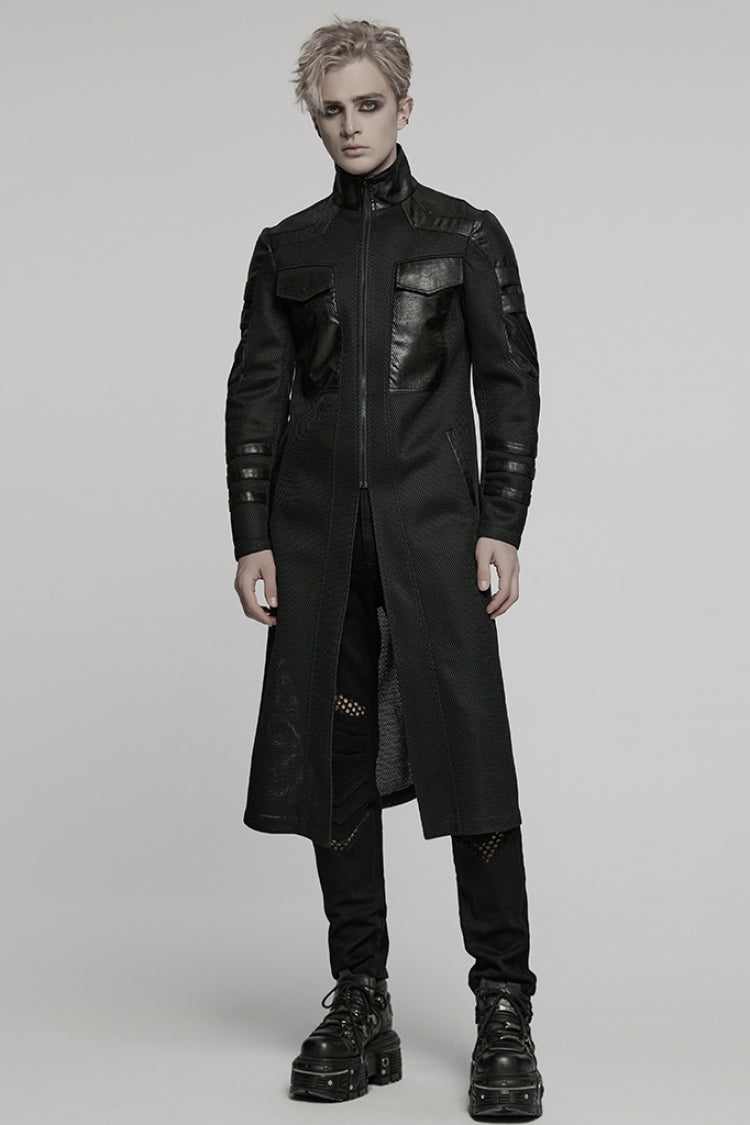 Black Stand Collar Long Sleeves Faux Leather Stitching Mesh Men's Punk Coat - Product - 4