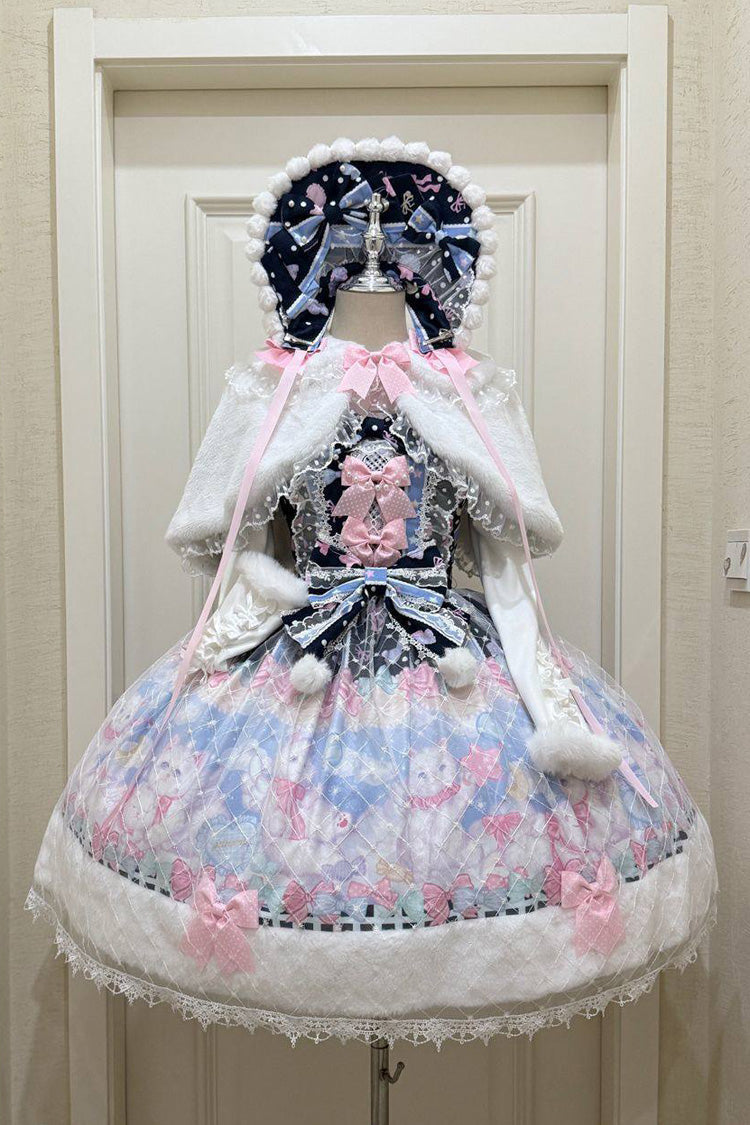 Dark Blue [Candy Mary Cat] Printed Ruffled Embroidered Bow Lace Sweet Lolita Jsk Dress - Product - 3