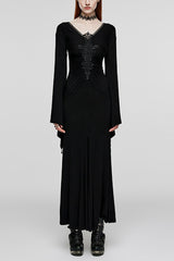 Black V Collar Long Sleeves Floral Embroidery Women's Gothic Dress - Black - 1