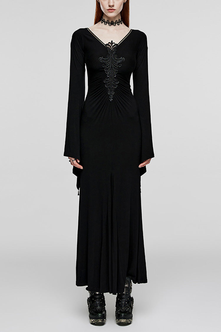 Black V Collar Long Sleeves Floral Embroidery Women's Gothic Dress - Black - 1