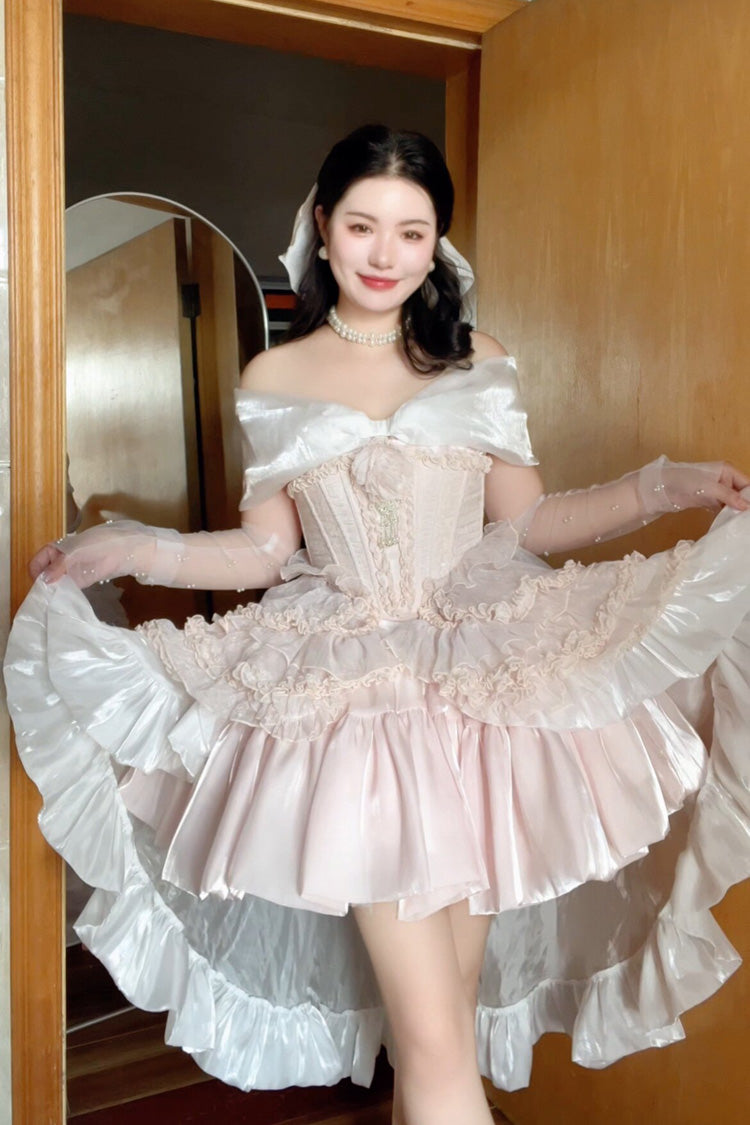 Pink Boat Neck Ruffled Bow Sweet Princess Lolita Dress - Product - 7