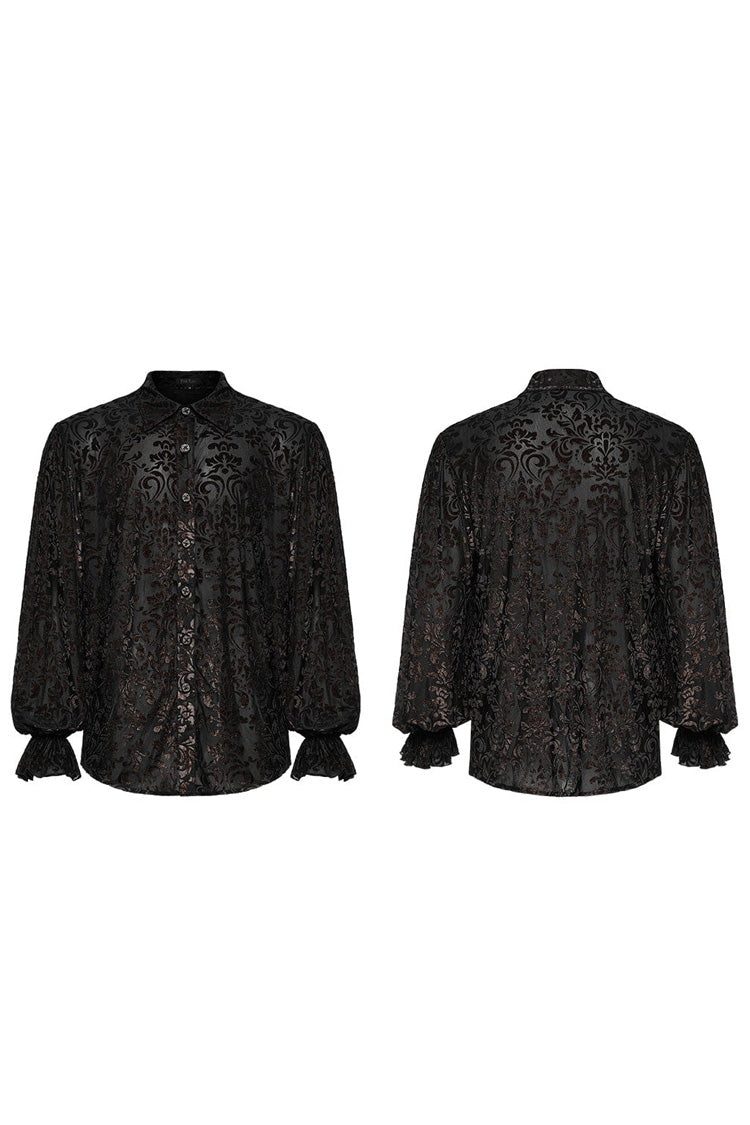Black Lapel Collar Long Trumpet Sleeves Bronzing Pattern Print Mens Gothic Gorgeous Blouse - Product - 5