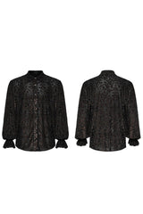 Black Lapel Collar Long Trumpet Sleeves Bronzing Pattern Print Mens Gothic Gorgeous Blouse - Product - 5