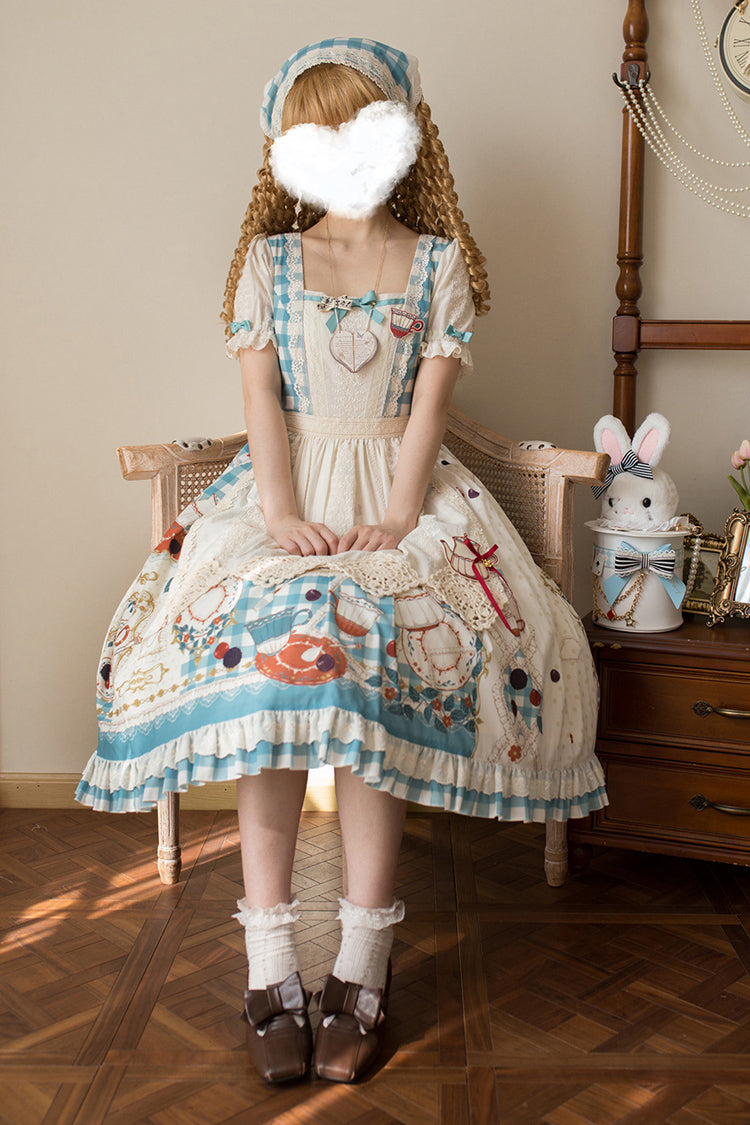 Blue/Green [Tea Party] Short Sleeves Print Ruffle Bowknot Lace Sweet Elegant Lolita Dress - Product - 8