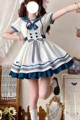 White/Green Navy Collar Short Sleeves Ruffle Bowknot Sweet Lolita Dress - Product - 5