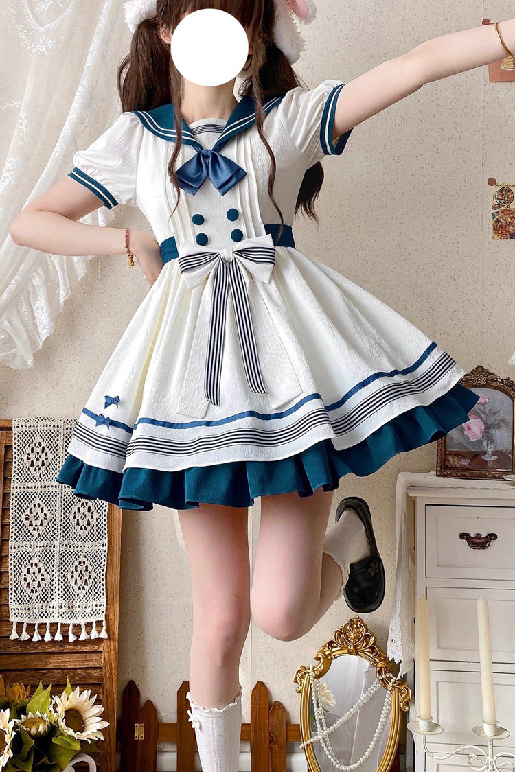 White/Green Navy Collar Short Sleeves Ruffle Bowknot Sweet Lolita Dress - Product - 5